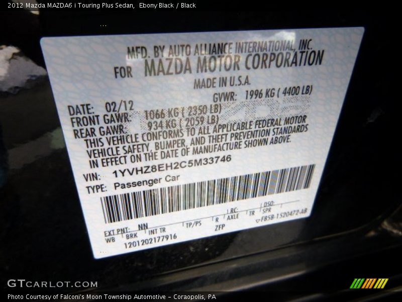 Ebony Black / Black 2012 Mazda MAZDA6 i Touring Plus Sedan