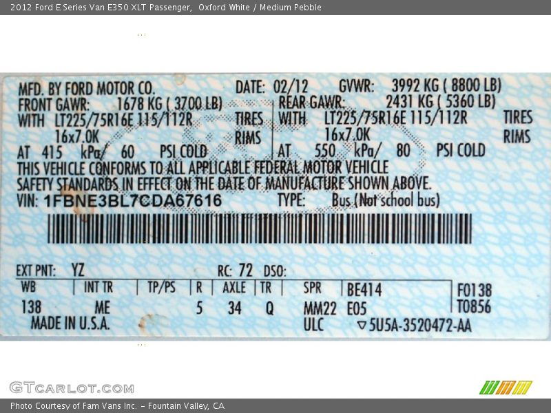 Oxford White / Medium Pebble 2012 Ford E Series Van E350 XLT Passenger