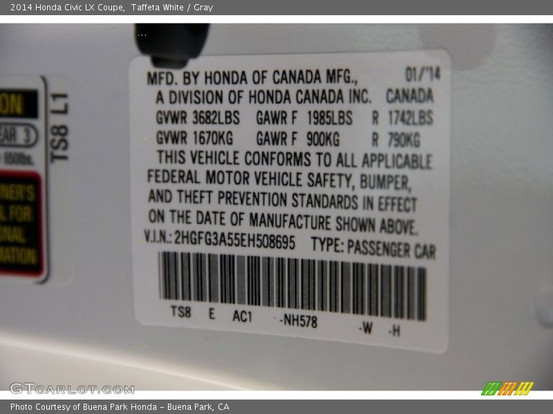 2014 Civic LX Coupe Taffeta White Color Code NH578