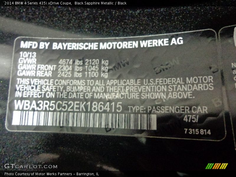 2014 4 Series 435i xDrive Coupe Black Sapphire Metallic Color Code 475