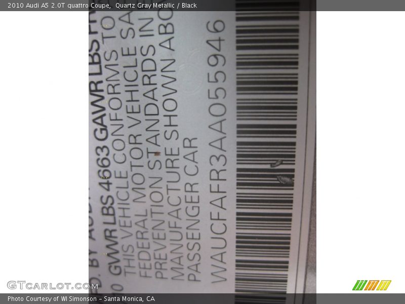 Quartz Gray Metallic / Black 2010 Audi A5 2.0T quattro Coupe