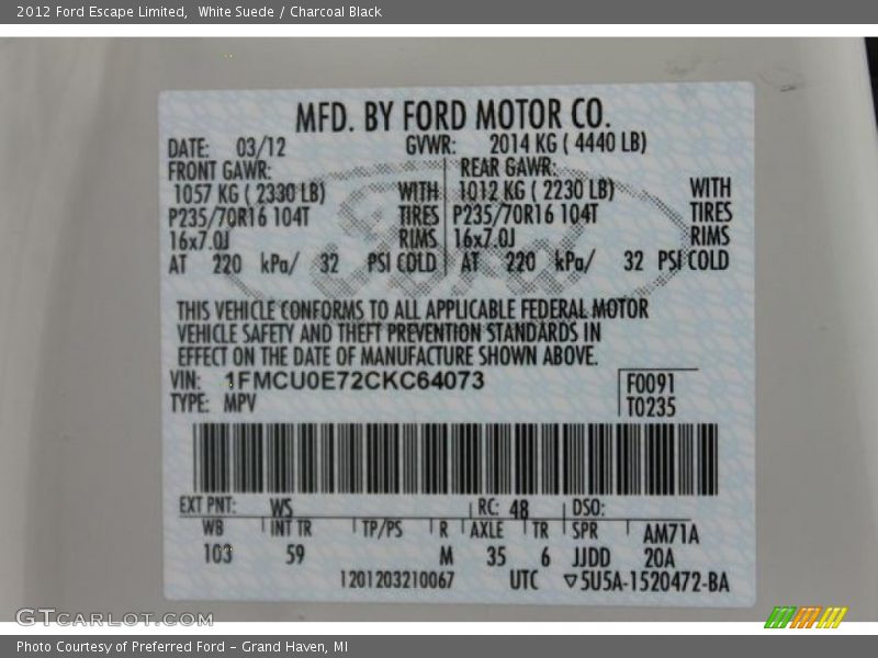 White Suede / Charcoal Black 2012 Ford Escape Limited