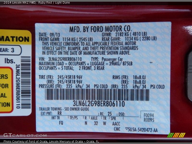 2014 MKZ FWD Ruby Red Color Code RR