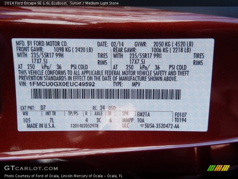 Sunset / Medium Light Stone 2014 Ford Escape SE 1.6L EcoBoost