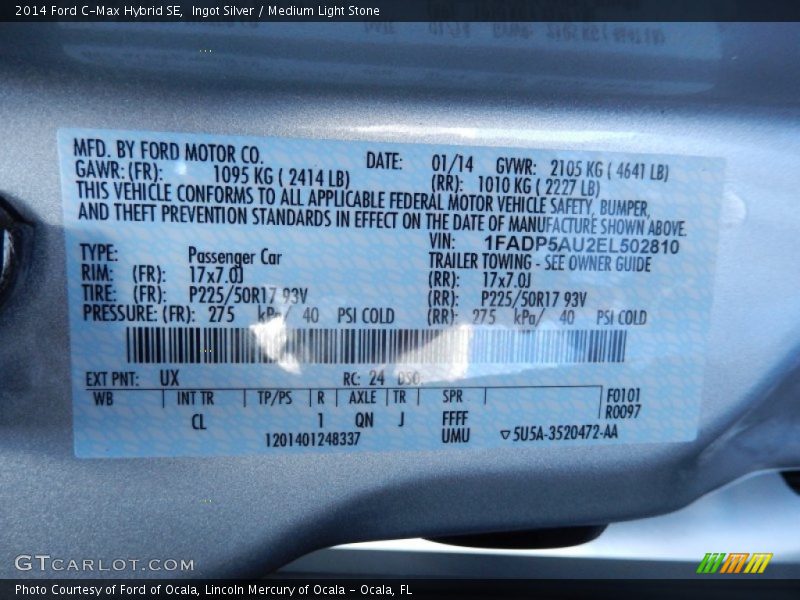 2014 C-Max Hybrid SE Ingot Silver Color Code UX