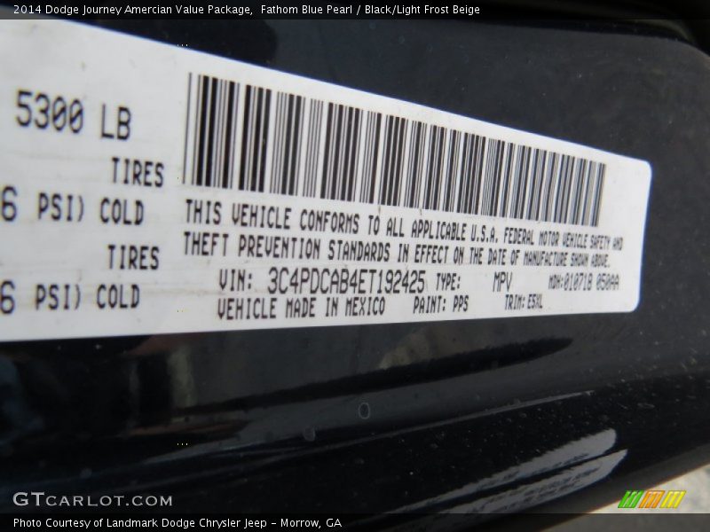 Fathom Blue Pearl / Black/Light Frost Beige 2014 Dodge Journey Amercian Value Package