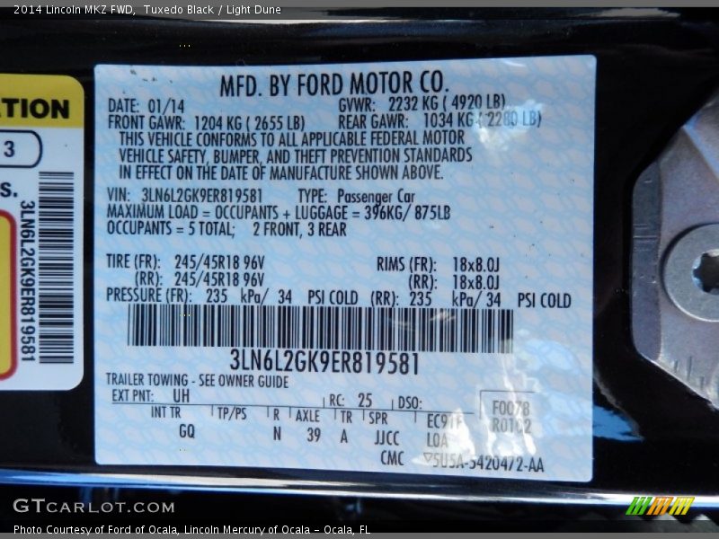2014 MKZ FWD Tuxedo Black Color Code UH