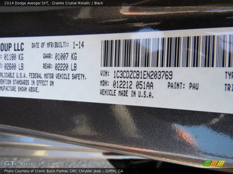 Granite Crystal Metallic / Black 2014 Dodge Avenger SXT