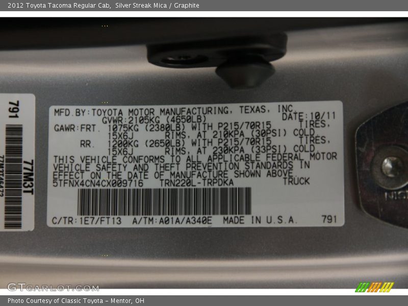 Silver Streak Mica / Graphite 2012 Toyota Tacoma Regular Cab