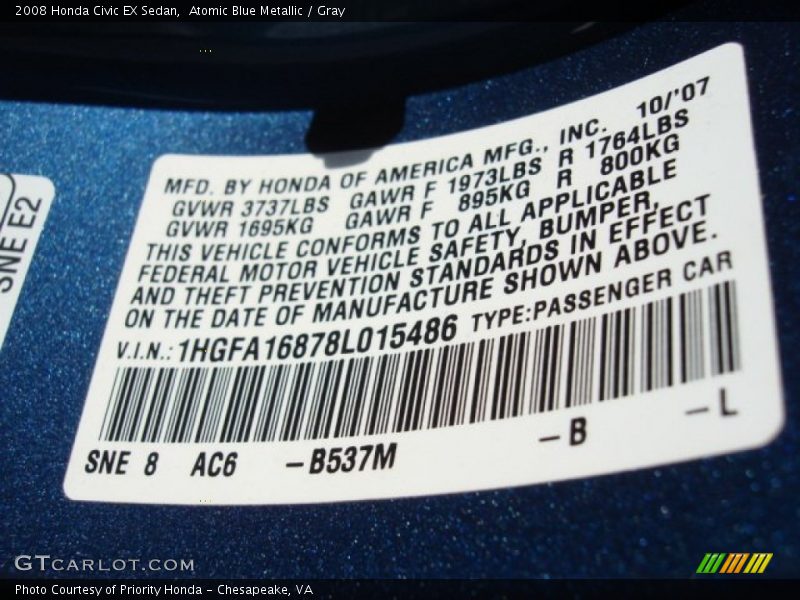 Atomic Blue Metallic / Gray 2008 Honda Civic EX Sedan