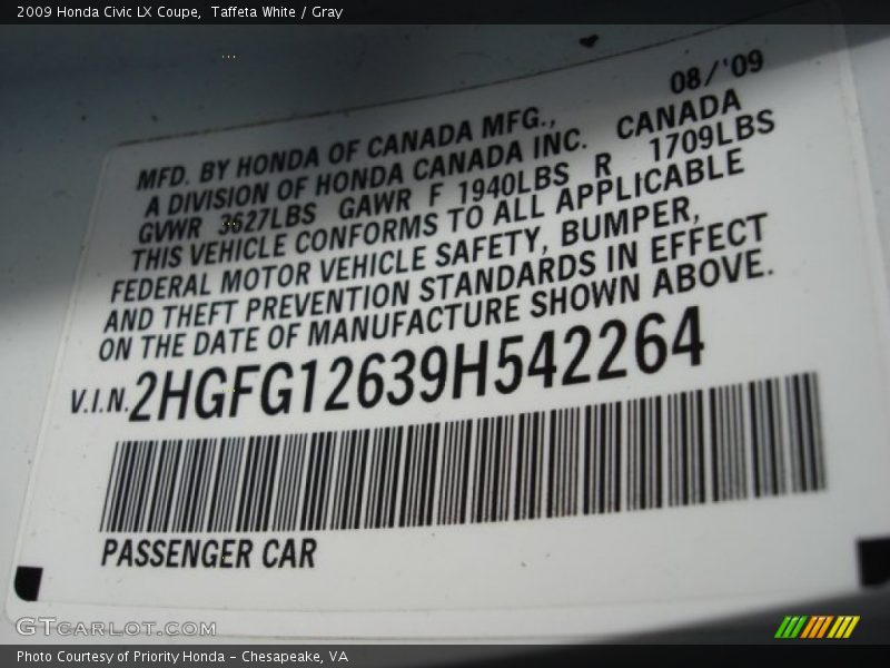Taffeta White / Gray 2009 Honda Civic LX Coupe