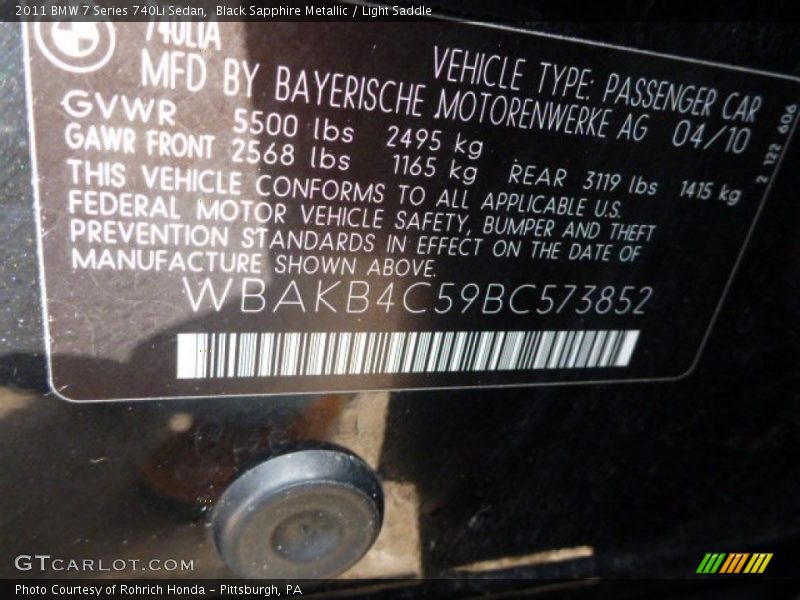 Black Sapphire Metallic / Light Saddle 2011 BMW 7 Series 740Li Sedan