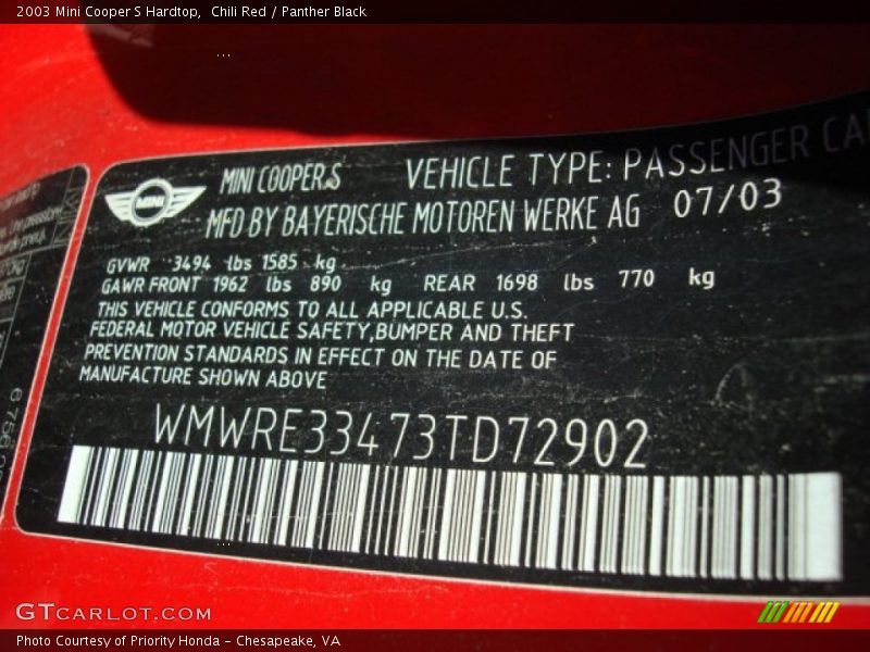 Chili Red / Panther Black 2003 Mini Cooper S Hardtop