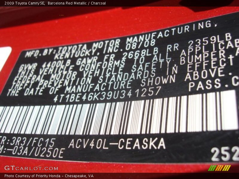 Barcelona Red Metallic / Charcoal 2009 Toyota Camry SE
