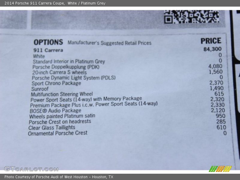  2014 911 Carrera Coupe Window Sticker