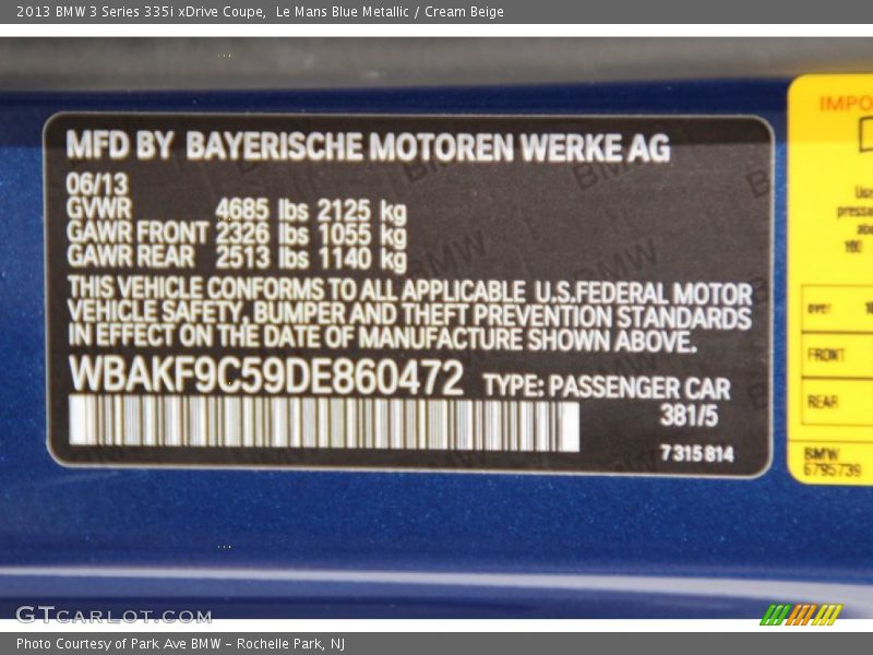 2013 3 Series 335i xDrive Coupe Le Mans Blue Metallic Color Code 381