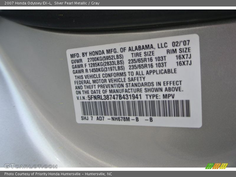 Silver Pearl Metallic / Gray 2007 Honda Odyssey EX-L