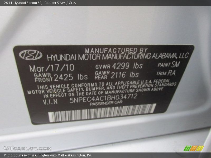 Radiant Silver / Gray 2011 Hyundai Sonata SE