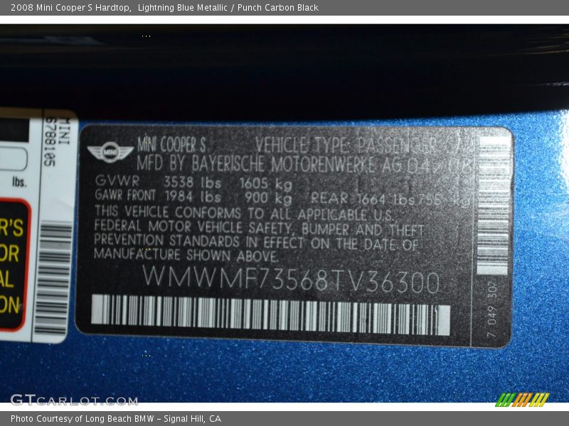 Lightning Blue Metallic / Punch Carbon Black 2008 Mini Cooper S Hardtop