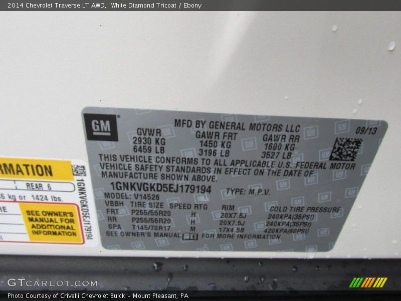White Diamond Tricoat / Ebony 2014 Chevrolet Traverse LT AWD