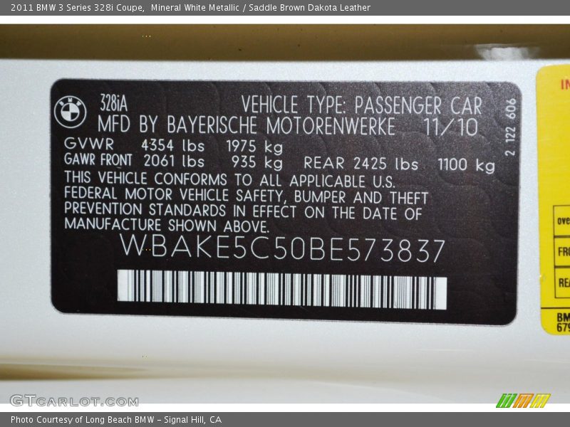 Info Tag of 2011 3 Series 328i Coupe