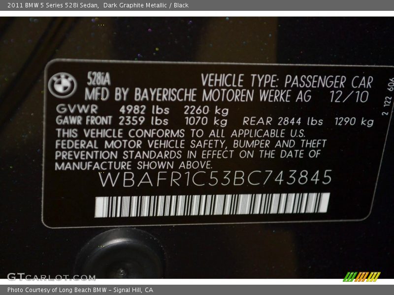 Dark Graphite Metallic / Black 2011 BMW 5 Series 528i Sedan