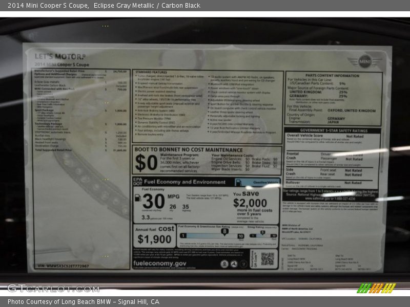  2014 Cooper S Coupe Window Sticker