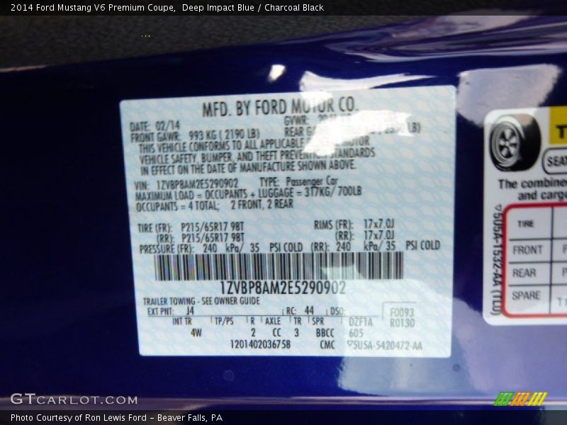 2014 Mustang V6 Premium Coupe Deep Impact Blue Color Code J4