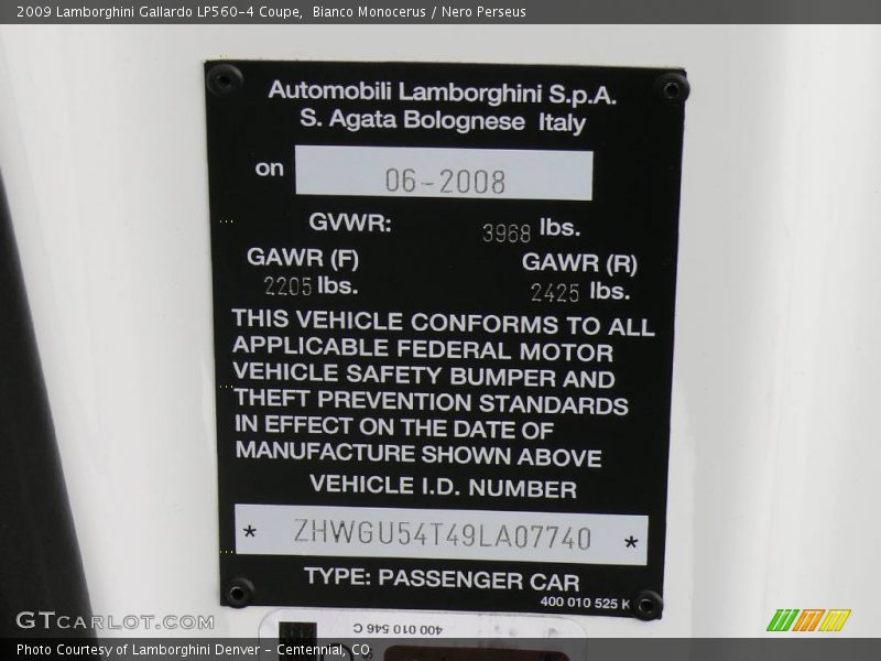 Info Tag of 2009 Gallardo LP560-4 Coupe