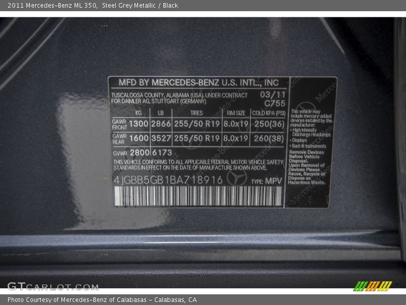 Steel Grey Metallic / Black 2011 Mercedes-Benz ML 350