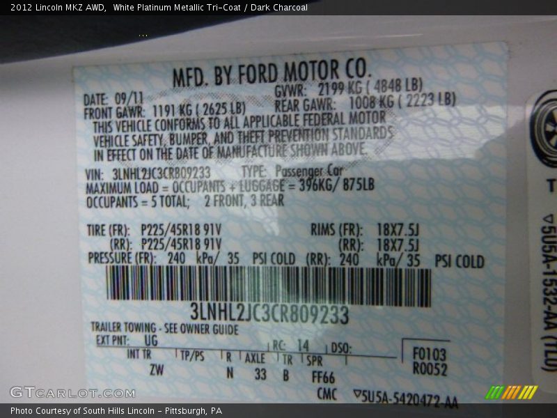 White Platinum Metallic Tri-Coat / Dark Charcoal 2012 Lincoln MKZ AWD