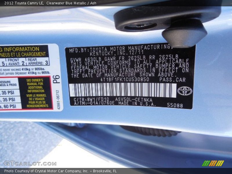 Clearwater Blue Metallic / Ash 2012 Toyota Camry LE