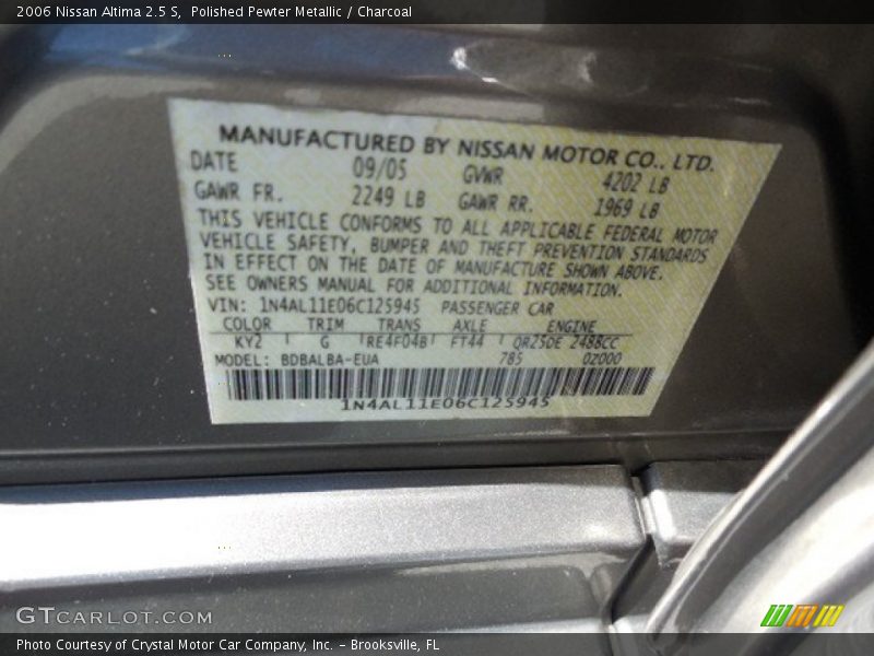 Polished Pewter Metallic / Charcoal 2006 Nissan Altima 2.5 S