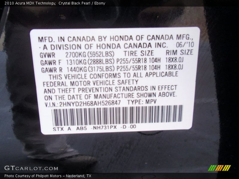 Crystal Black Pearl / Ebony 2010 Acura MDX Technology