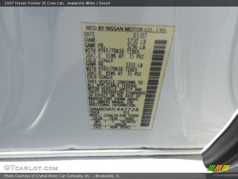 Avalanche White / Desert 2007 Nissan Frontier SE Crew Cab