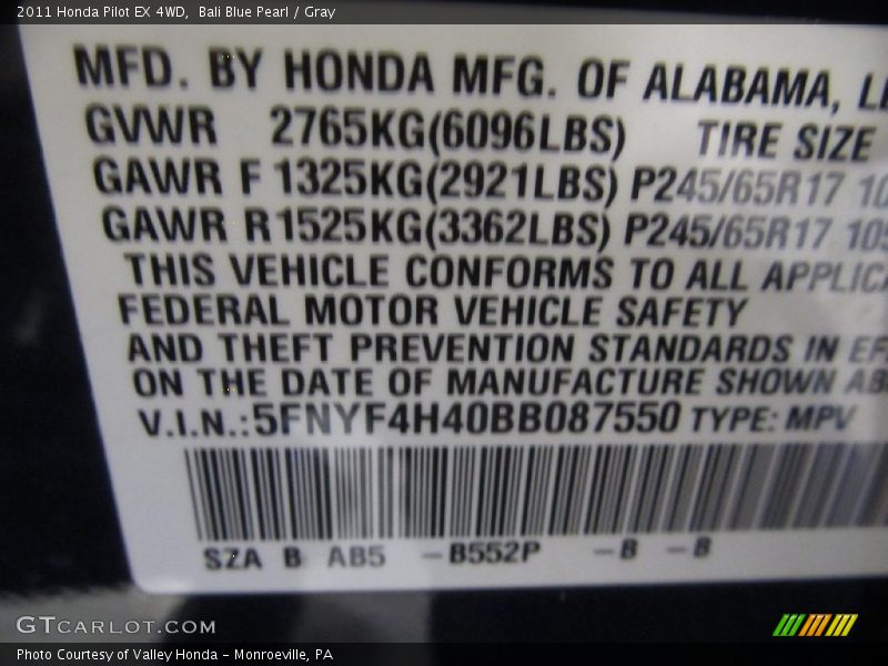 Bali Blue Pearl / Gray 2011 Honda Pilot EX 4WD