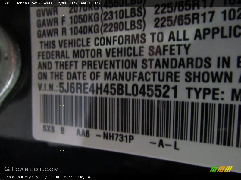 Crystal Black Pearl / Black 2011 Honda CR-V SE 4WD