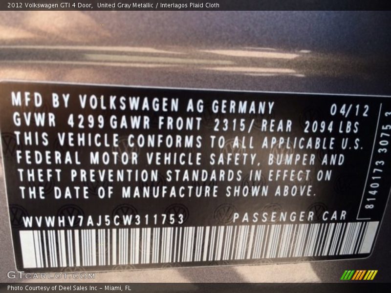 United Gray Metallic / Interlagos Plaid Cloth 2012 Volkswagen GTI 4 Door