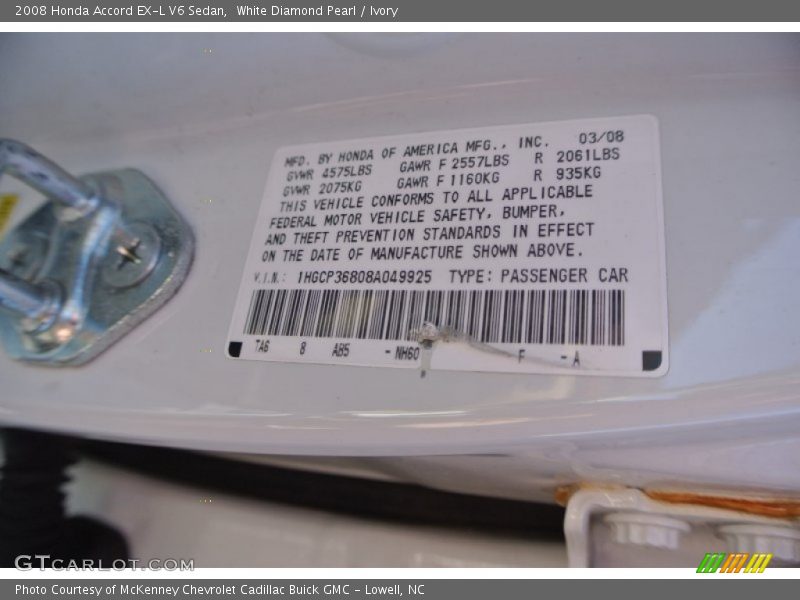 White Diamond Pearl / Ivory 2008 Honda Accord EX-L V6 Sedan