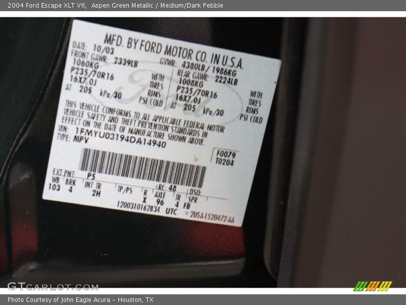 Aspen Green Metallic / Medium/Dark Pebble 2004 Ford Escape XLT V6