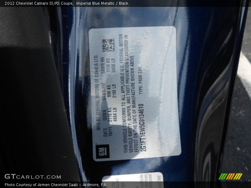 Imperial Blue Metallic / Black 2012 Chevrolet Camaro SS/RS Coupe