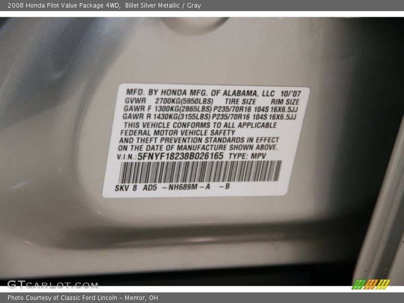 Billet Silver Metallic / Gray 2008 Honda Pilot Value Package 4WD