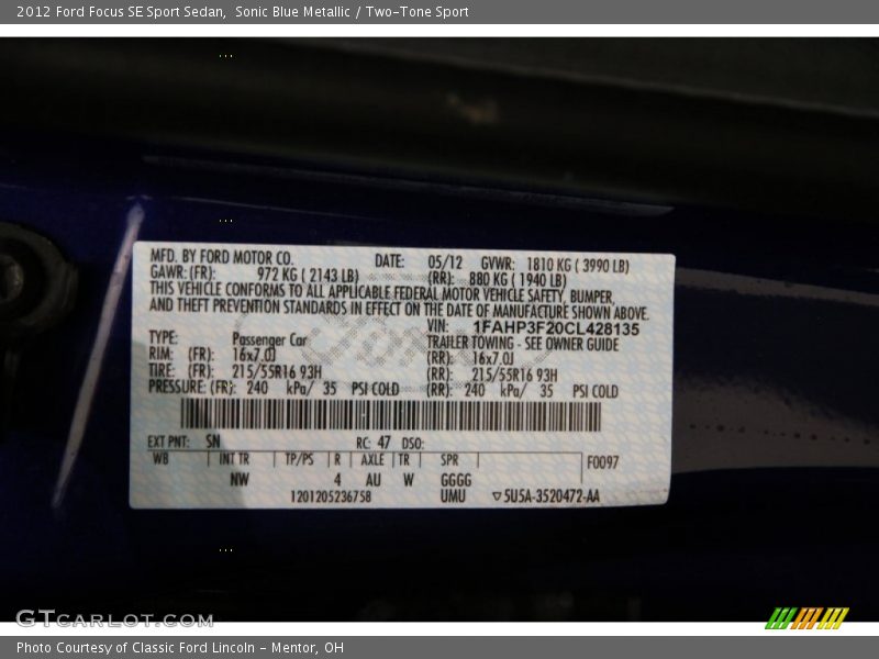 Sonic Blue Metallic / Two-Tone Sport 2012 Ford Focus SE Sport Sedan