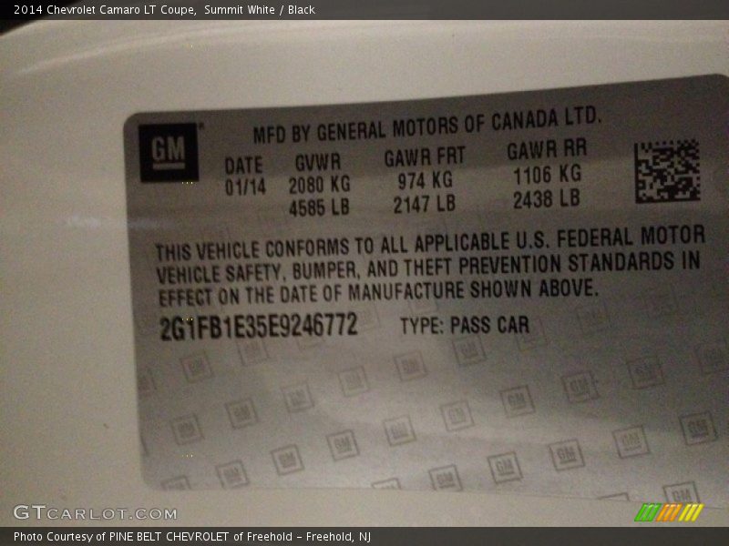 Summit White / Black 2014 Chevrolet Camaro LT Coupe