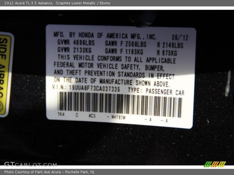 Graphite Luster Metallic / Ebony 2012 Acura TL 3.5 Advance