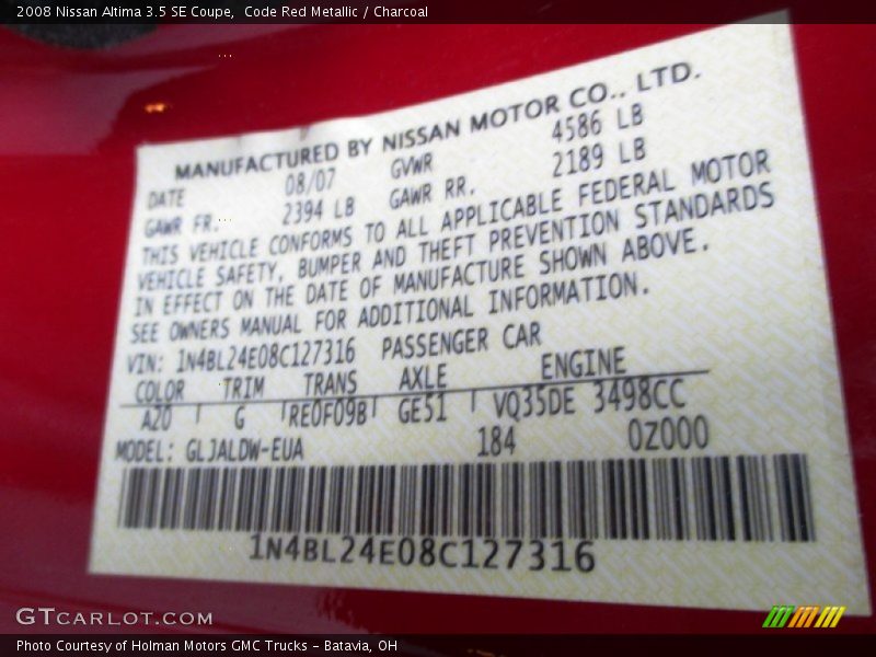 Code Red Metallic / Charcoal 2008 Nissan Altima 3.5 SE Coupe