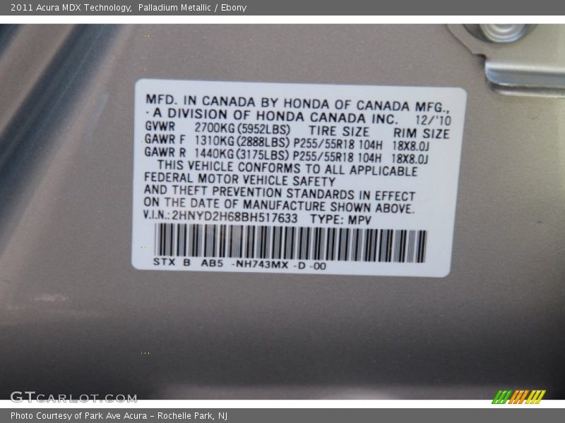 Palladium Metallic / Ebony 2011 Acura MDX Technology