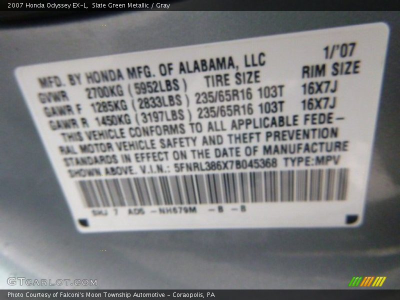 Slate Green Metallic / Gray 2007 Honda Odyssey EX-L