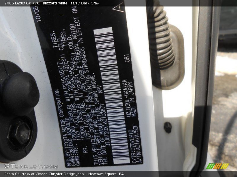 Blizzard White Pearl / Dark Gray 2006 Lexus GX 470