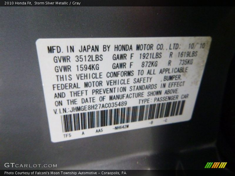Storm Silver Metallic / Gray 2010 Honda Fit